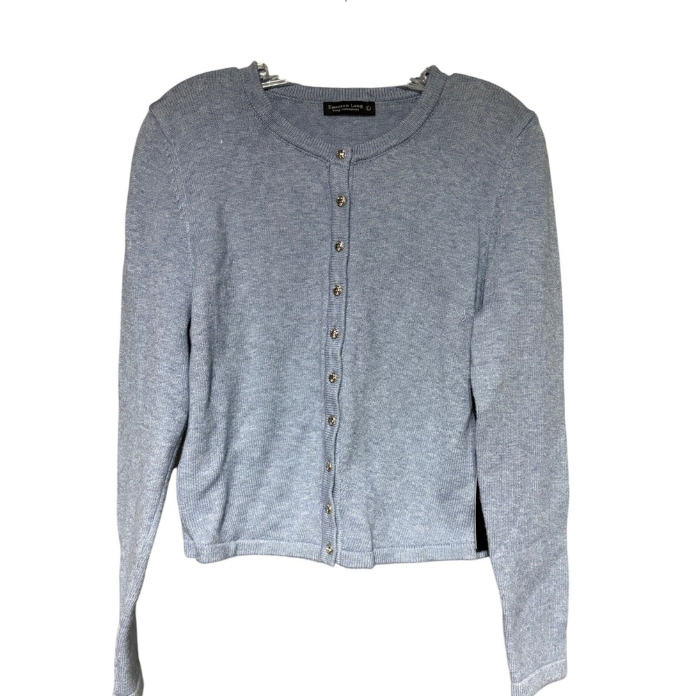 Emerson Lang Cardigan Women Large Light Blue Rhinestone Button Knit New Sweater